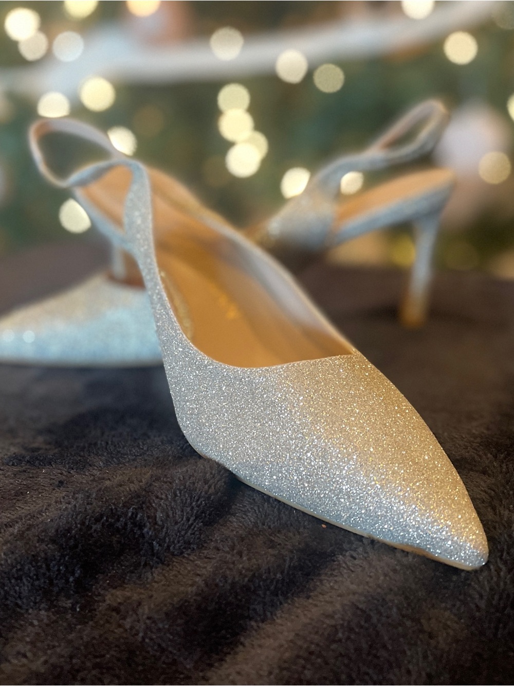 Stuart Weitzman Silver Glitter Pointed Slingback Heels